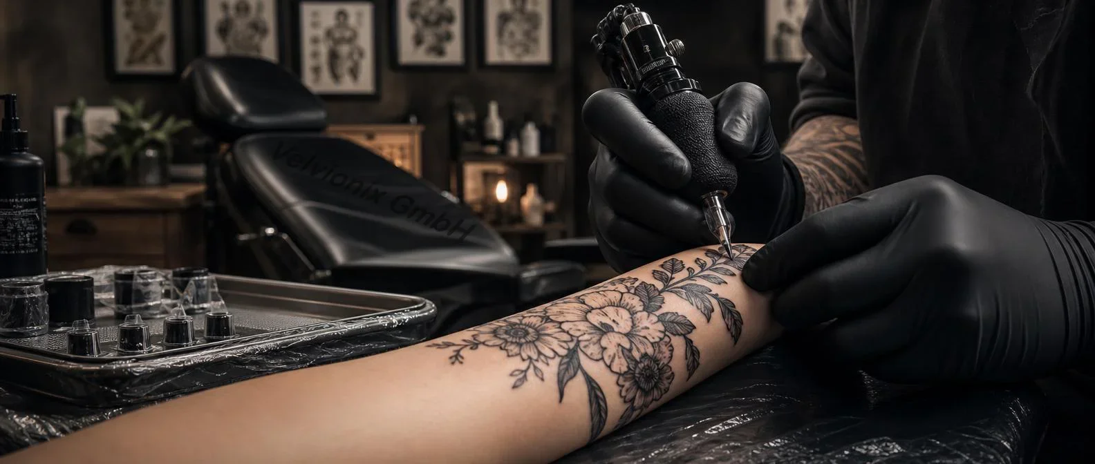 Dekoratives Branchenmotiv: professionelles Tattoo-Studio mit Handwerk und hygienischem Arbeitsplatz