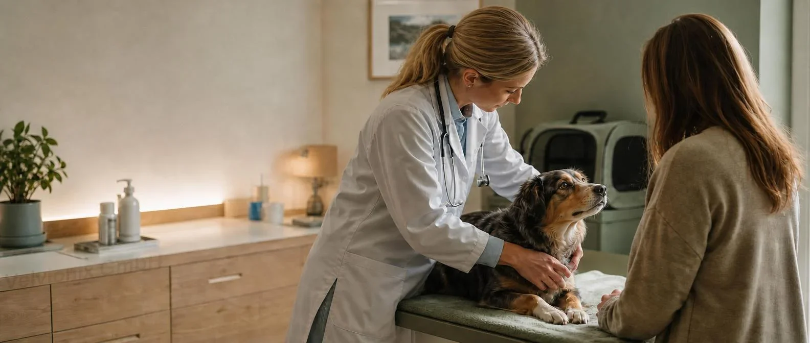 Dekoratives Branchenmotiv: Tierärztin untersucht einen Hund auf dem Behandlungstisch, Halterin von hinten