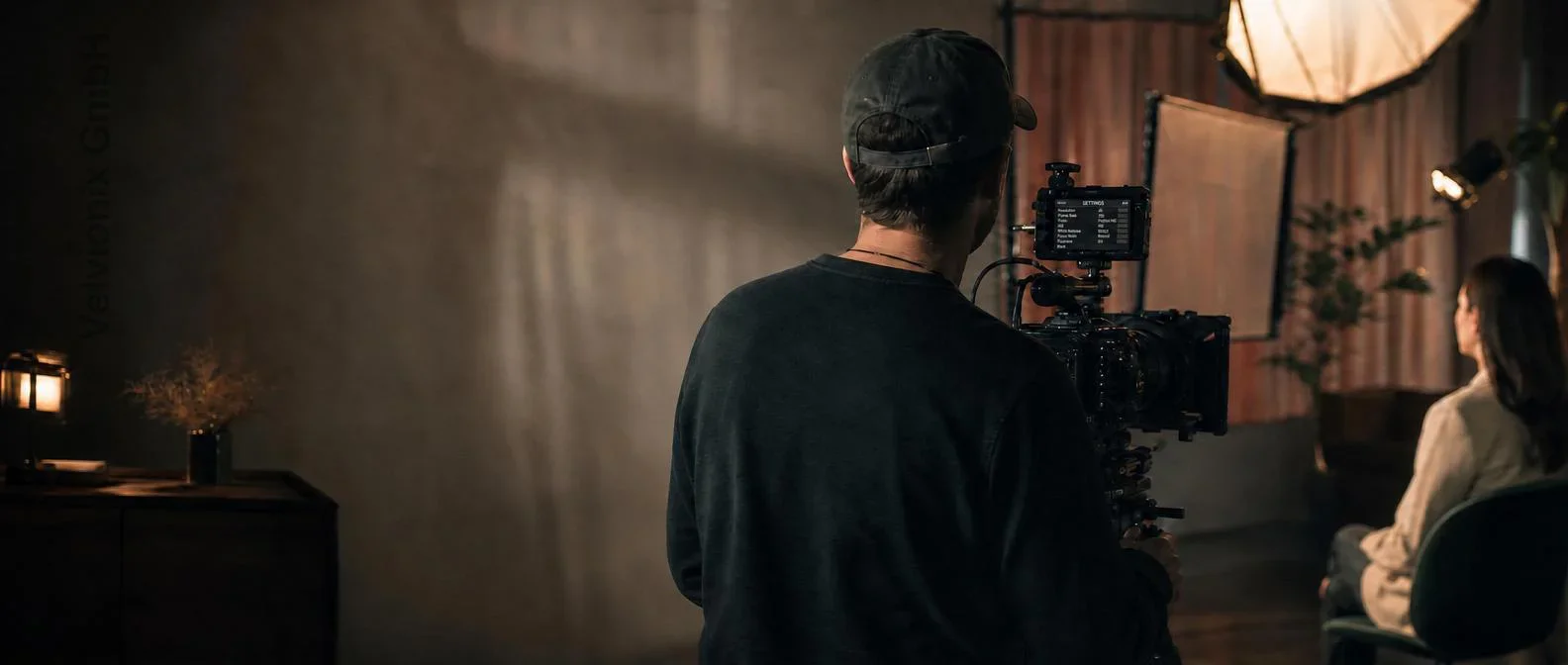 Decorative industry image: videographer from behind at a cinema camera on a small production set