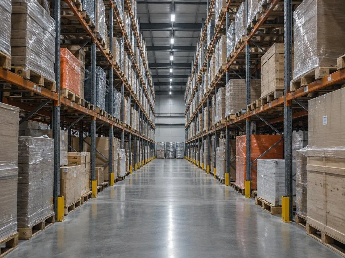View down a high-bay aisle with pallets