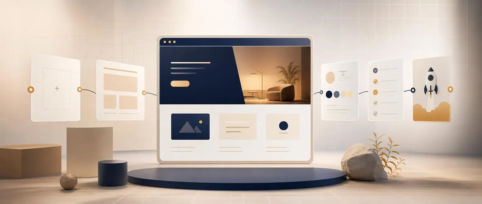 Website-Erstellung als Ablauf von Wireframe bis Launch, mit Rakete als Symbol für den Livegang