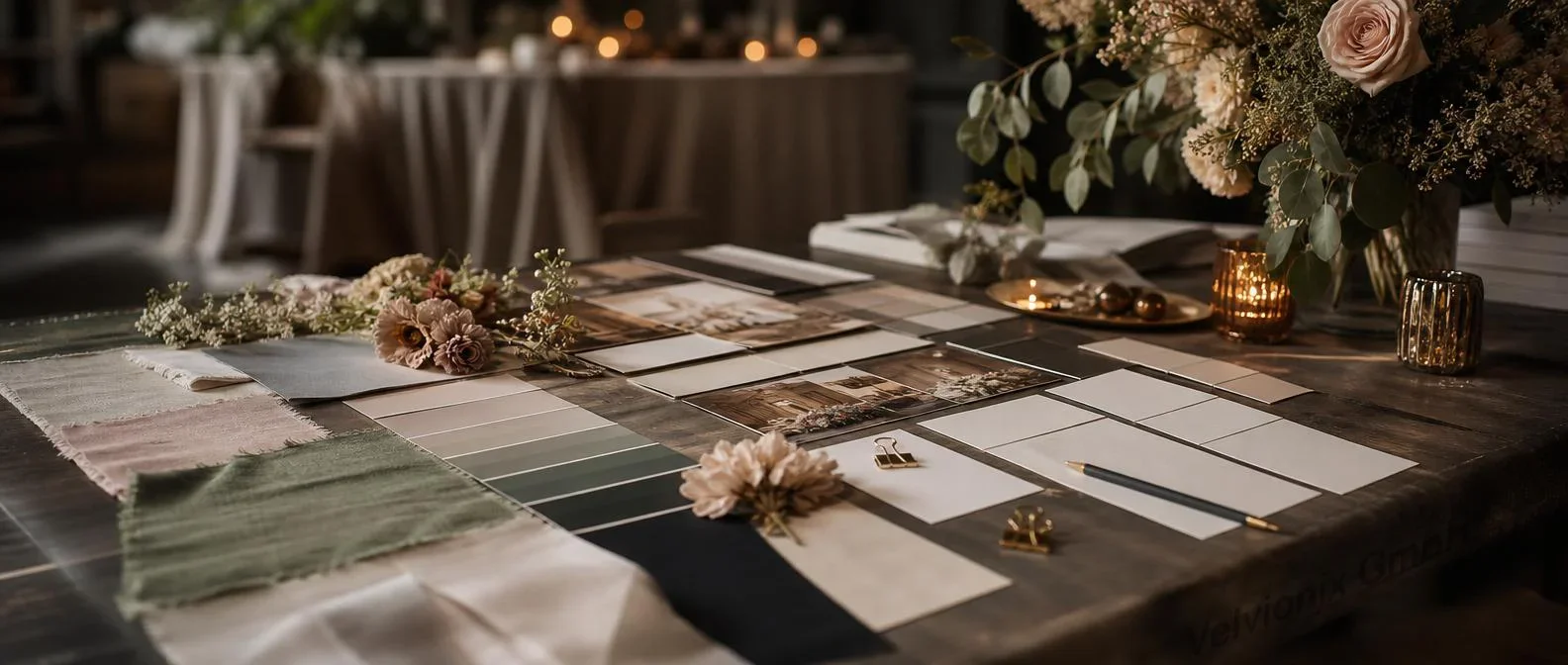 Decorative industry image: wedding planning desk with mood board, fabric swatches and floral details