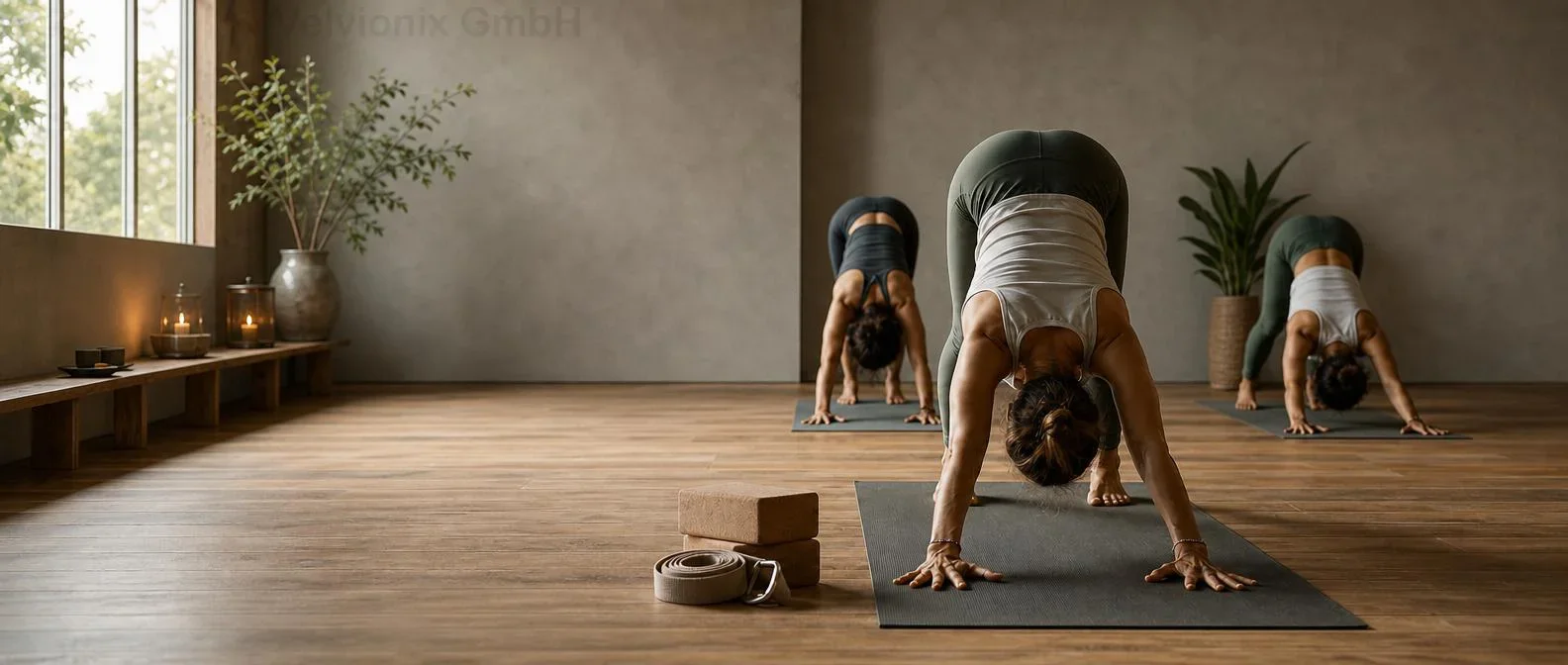 Dekoratives Branchenmotiv: Yoga-Kurs von hinten in der Haltung Hund nach unten